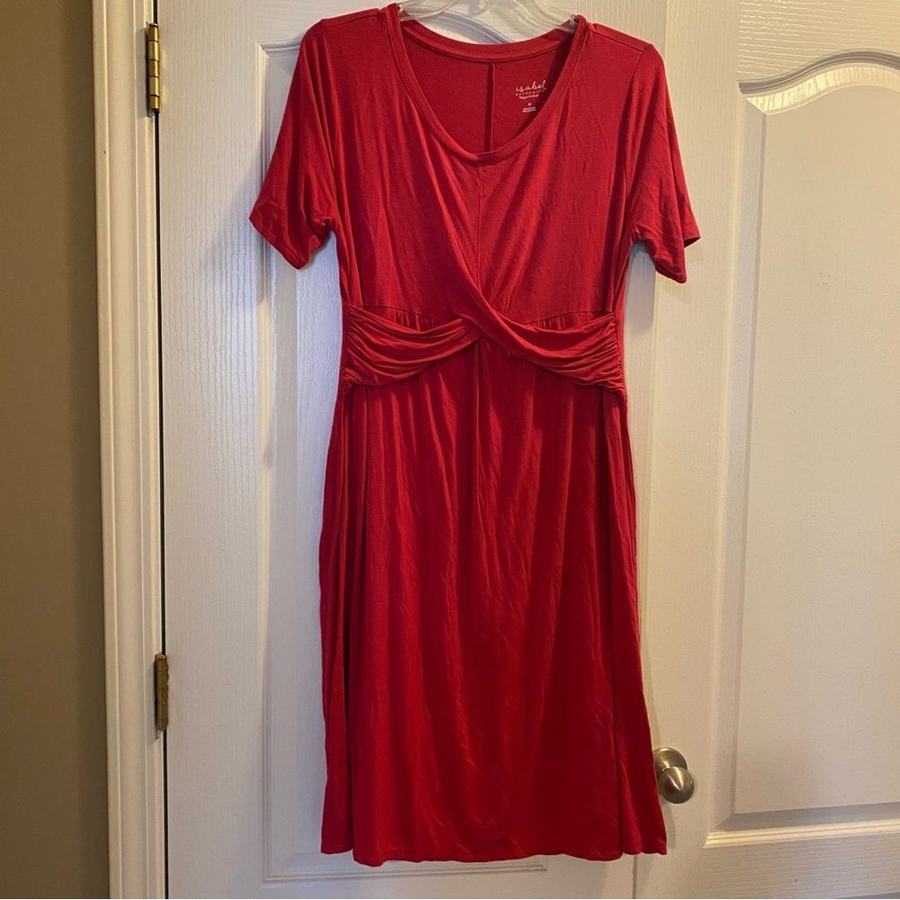 Isabel Maternity Pinkish Red Ruched Wrap Midi Dress